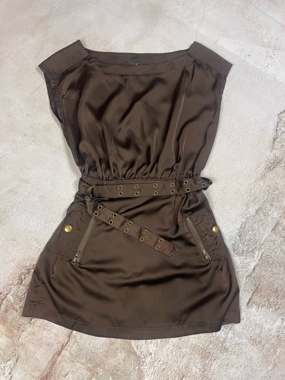 Women's Brown Sleeveless Belted Dress